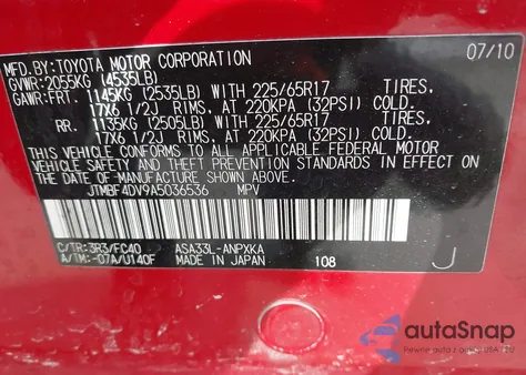 2010 Toyota Rav4 z USA, uszkodzony, nr VIN JTMBF4DV9A5036536